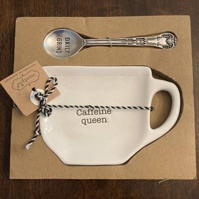 Rare New Caffeine Queen Mud pie Boutique Spoon Rest Coffee Spoon Set Gift Cute