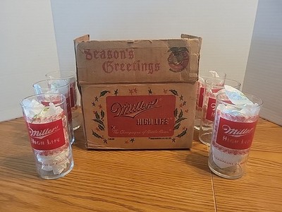 Miller High Life Beer Seasons Greetings Girl On The Moon Box Set 6 Glasses 1952