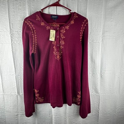American Eagle Outfitters Burgundy Floral Embroidered Long Sleeve Top LARGE NWT