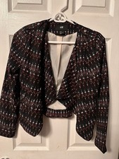 H M Cropped Abstract Pattern Black Red White Women's Blazer Jacket US 4
