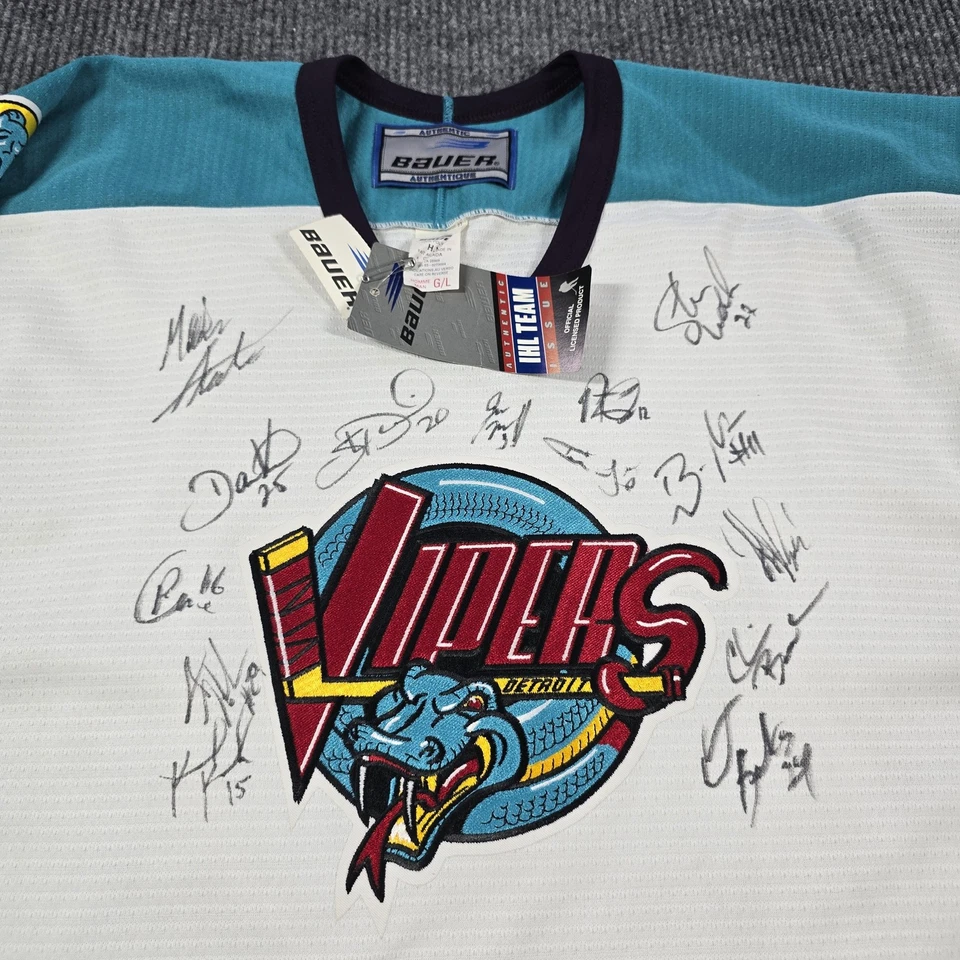 Camiseta De Colección Detroit Vipers Para Hombre Grande Blanca Azul IHL Hockey Autografiada Años 90 Foto 3 de 4