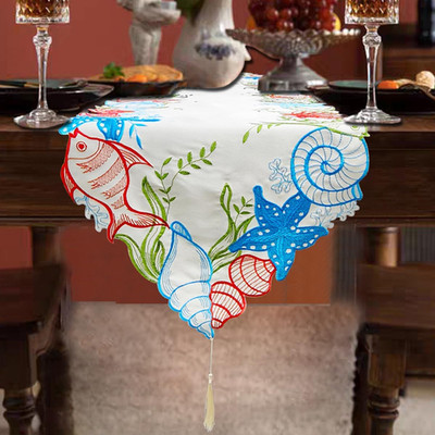 AMZALI Applique Embroidered Summer Beach Table Runner 72 Inches Long, Starfish S