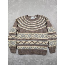 Vintage Woolrich Sweater Womens L Brown Fair Isle Wool Hand Knit Crew Neck Read