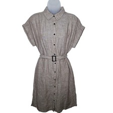 C&C California 100% Linen Shirt Dress Medium Belted Button Front Taupe Lagenlook