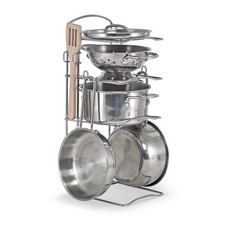Melissa  Doug Stainless Steel Pots and Pans Play Set with Storage Rack, 8 Pcs
