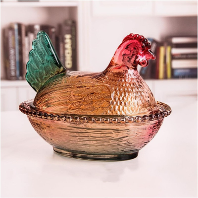 #ad Vintage Style Glass Hen on Nest Dish with Lid Colorful Pedestal Candy Bowl $42.99