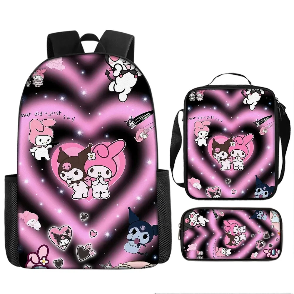 KT Kuromi Cartoon Backpack Set, Includes Matching Shoulder Bag and Pencil Case