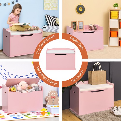 Babyjoy Kids Wooden Flip-top Storage Toy Box Chest Bench W/ Cushion Safety Hinge - Picture 7 of 8