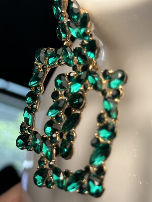 Natasha Floral Crystal Rectangle Earrings/Dark Green Gorgeous
