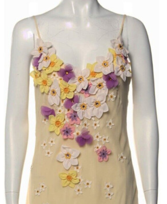 MOSCHINO IVORY LEMON 3D FLOWER APPLIQUES BEADED SILK SLIP DRESS USA 12 IT46 PURP
