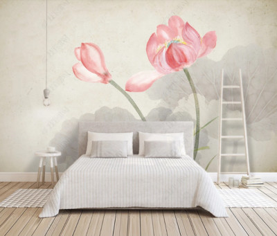 3D Lotus Leaves Hand Drawn Self-adhesive Removeable Wallpaper Wall Mural