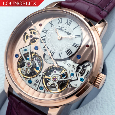 Mens Luxury Double Flywheel Skeleton Automatic Mechanical Watch Purple Leather
