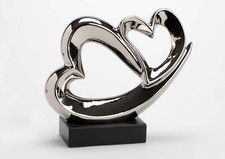 Statue Cœurs Chromée Sculpture Design Moderne Céramique Et Base Noir Résine H25)