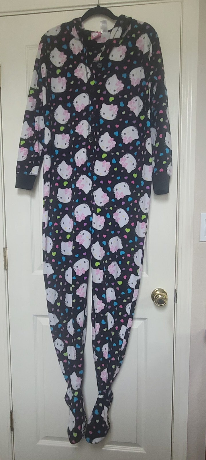 Hello Kitty Junior Size Large (11-13) Hooded Footed Button Front Pajamas