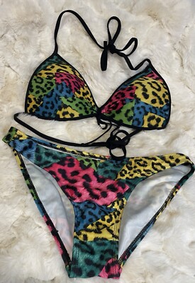 Vintage 1980's Body Glove Bikini Piece Swimsuit Black Neon