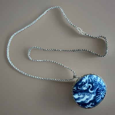 Vintage Chinese Silver Mounted Porcelain Fragment On Chain
