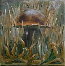Original Painting of Mushroom in Grass – Modern Nature Still Life