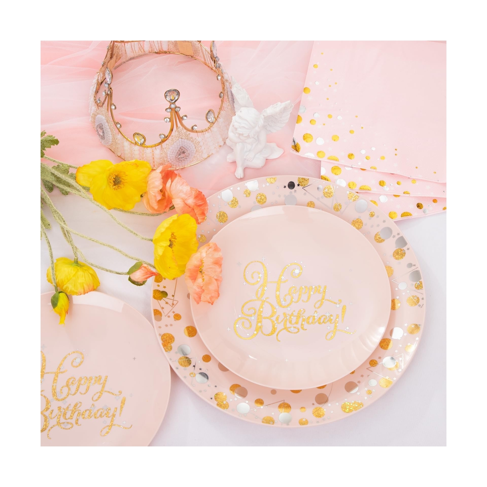 Nervure 175PCS Happy Birthday Plastic Plates Pink Disposable Plates