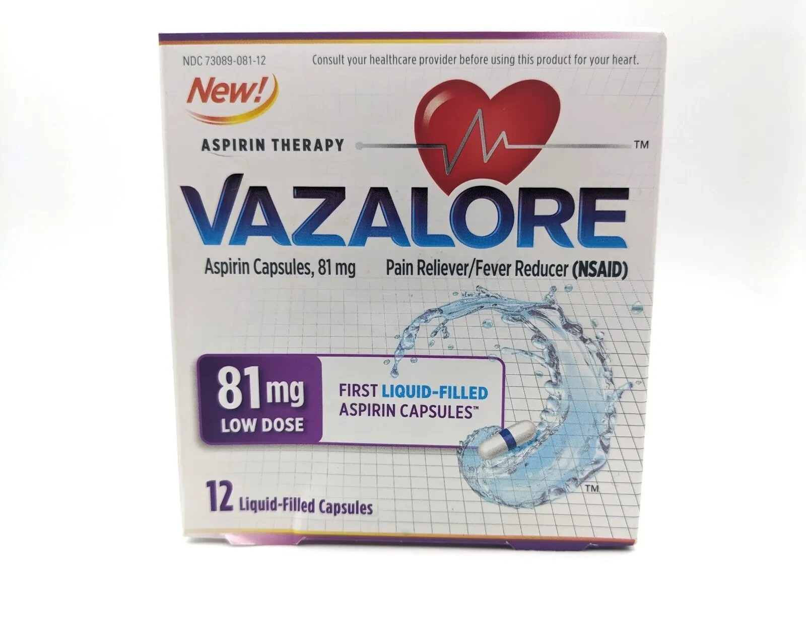 NEW Vazalore 81mg Liquid Filled Aspirin Capsules Pain Relief 12 CAPS