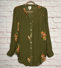Large/XL New Olive Green Embroidered Gauze Floral Long Shirt Blouse & Tank Top