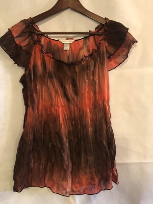 Women s CHRISTOPHER BANKS Orange/Brown Crinkle Cap Sleeve Top Shirt Size Small M