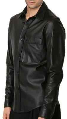 Basic Men's Genuine Black Lambskin Leather Shirt Slim Fit Formal Custom Made