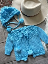 Handmade Vintage Aqua Chunk Knit Baby Sweater  Hat 6/12M