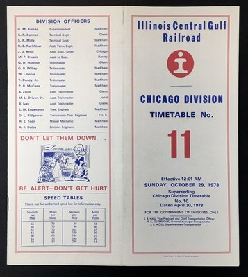ILLINOIS CENTRAL GULF RAILROAD ETT TIMETABLE CHICAGO DIV. #11 10-29-1978