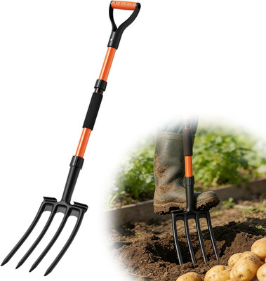Garden Fork for Digging, 4-Tine Pitch Fork with Foot Step, Ergonomic Y-Handle &