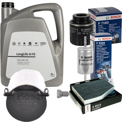 BOSCH Inspektionspaket 5 L VW Motoröl 0W-30 Longlife III FE für Golf Plus 1.4