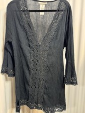 La Blanca Cover Up Island Fare Tunic V Neck Crochet Black Womens LG