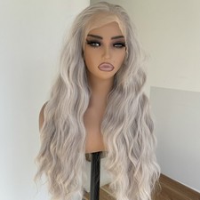 Heat Resistant Synthetic Hair Silver grey Long Wavy T Lace Front Wig Soft