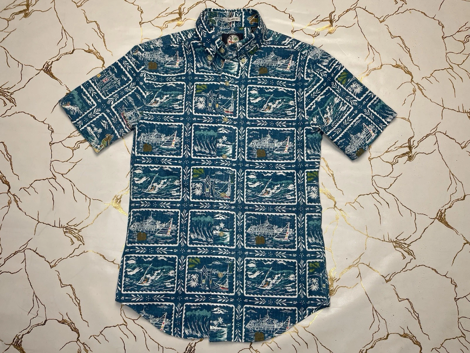 Reyn Spooner Men Blue Printed Hawaiian Button Up Shirt Size XS