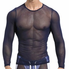 Men Long Sleeve T-Shirt See-through Vest Sheer Tee Top Gym Mesh Shirt Activewear