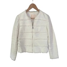 Rebecca Taylor Tweed Fringe Crop Zip Blazer White Sz 2