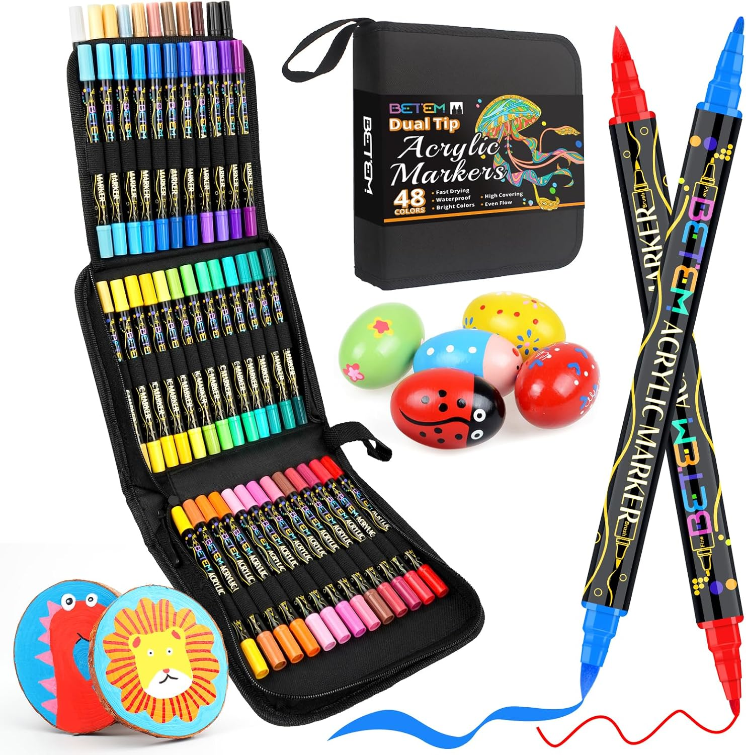 48-Color Dual Tip Acrylic Paint Markers with Fine and Brush Tips-image