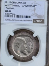 3 Mark Würtemberg 1911 5x, 3 Mark Sachsen 1913 1x Zertifiziert NGC Kaiserreich