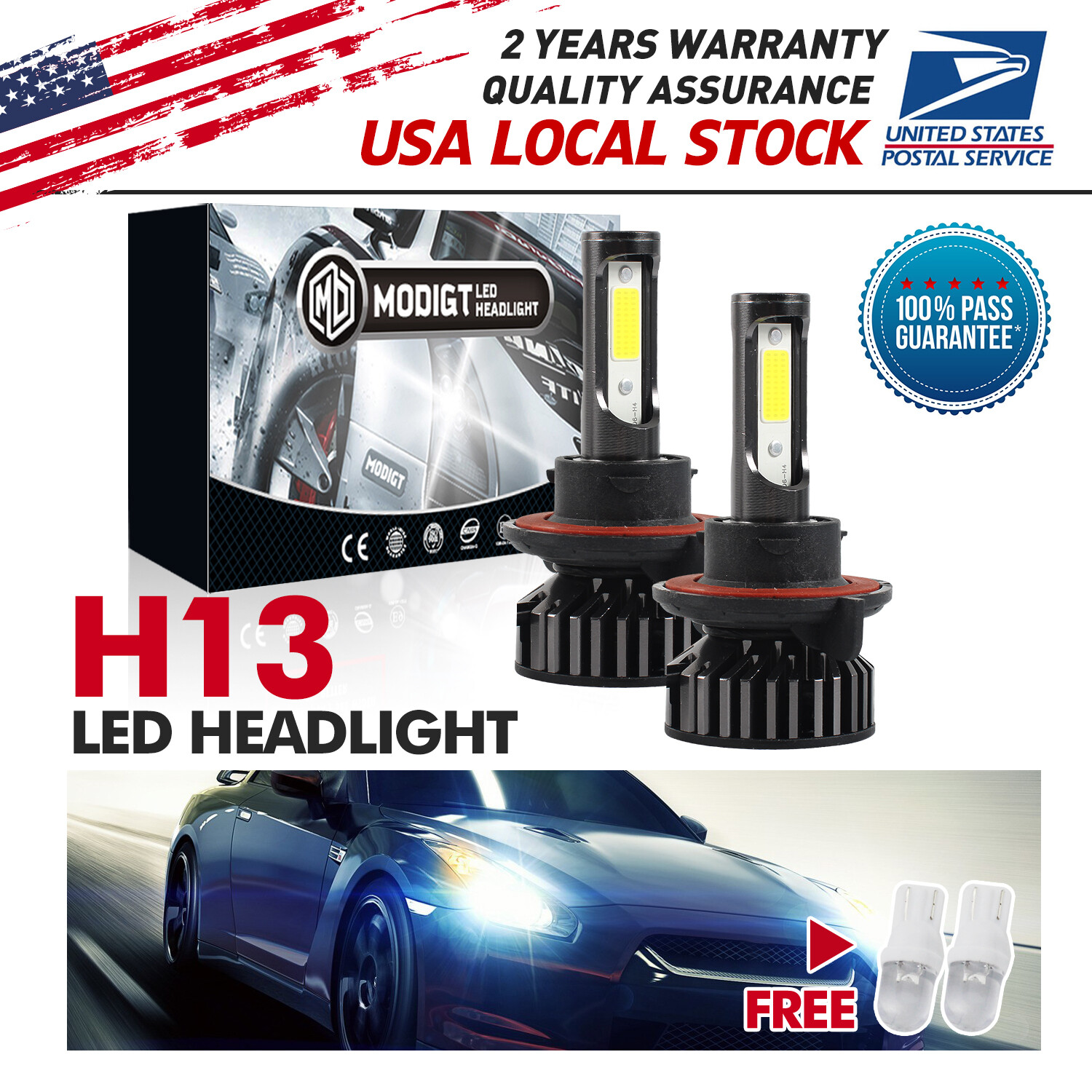 H13 LED Headlight Bulbs Conversion Kit 6000K White High Low Beam  