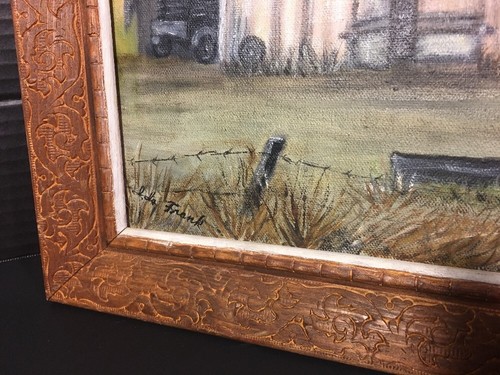Quadro vintage acrilico su tela legno incorniciato 26,5wx21L vecchio nonno fienile - Foto 2 di 8