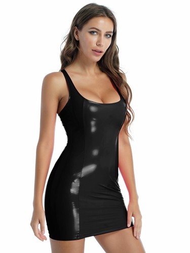 Women's Latex Leather Mini Dress Cutout Slim Fit Bodycon Dress Party Clubwear - Picture 57 of 59