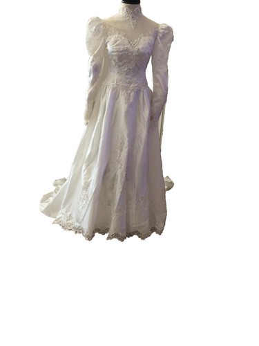 Alfred Angelo Vintage 80s 90s White Satin Long Sleeve Wedding Dress sz 12 |  eBay