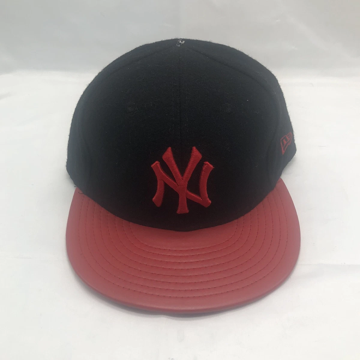 New York Yankees Logo New Era 59FIFTY Black Red Leather Fitted Cap Hat Sz  7-5/8