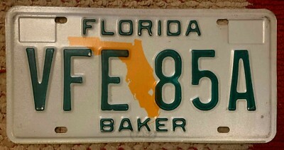 FLORIDA 'BAKER COUNTY' ORANGE MAP LICENSE PLATE AUTO TAG TOUGH COUNTY VFE 85A