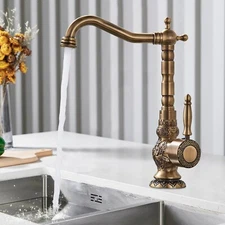 Antique Brass Kitchen Sink Faucet 1 Hole Single Handle 360° Swivel Mixer Taps