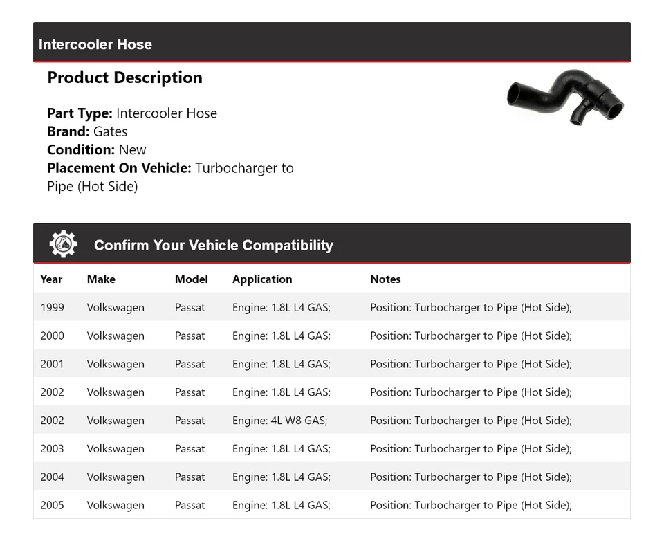 Puertas de manguera intercooler para Volkswagen Passat 1999-2005 2000 2001 2002 2003 2004 Foto 2 de 4