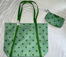 Clinique X Kate Spade Shopping Tote  Cosmetics Bag Green Polka Dot Travel