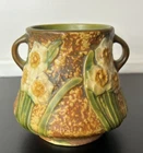 Roseville Pottery Jonquil Vase Double Handle Brown Yellow Green Floral 1930s