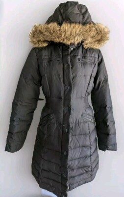 Esprit Puffer Jacket Coat Hooded Pockets Full Zip Buttons Black Womens SMALL