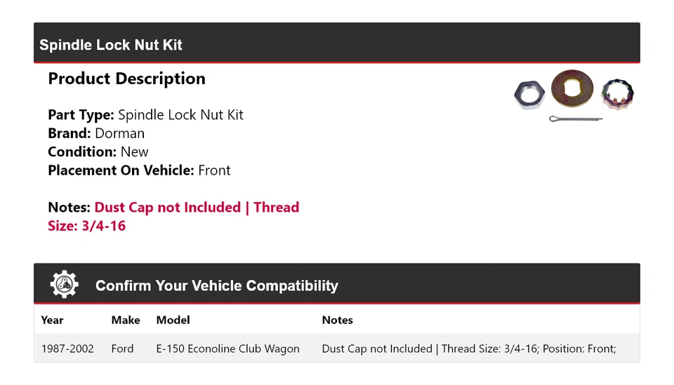 For 1987-2002 Ford E-150 Econoline Club Wagon Dorman Spindle Lock Nut Kit Front - Image 2 of 4