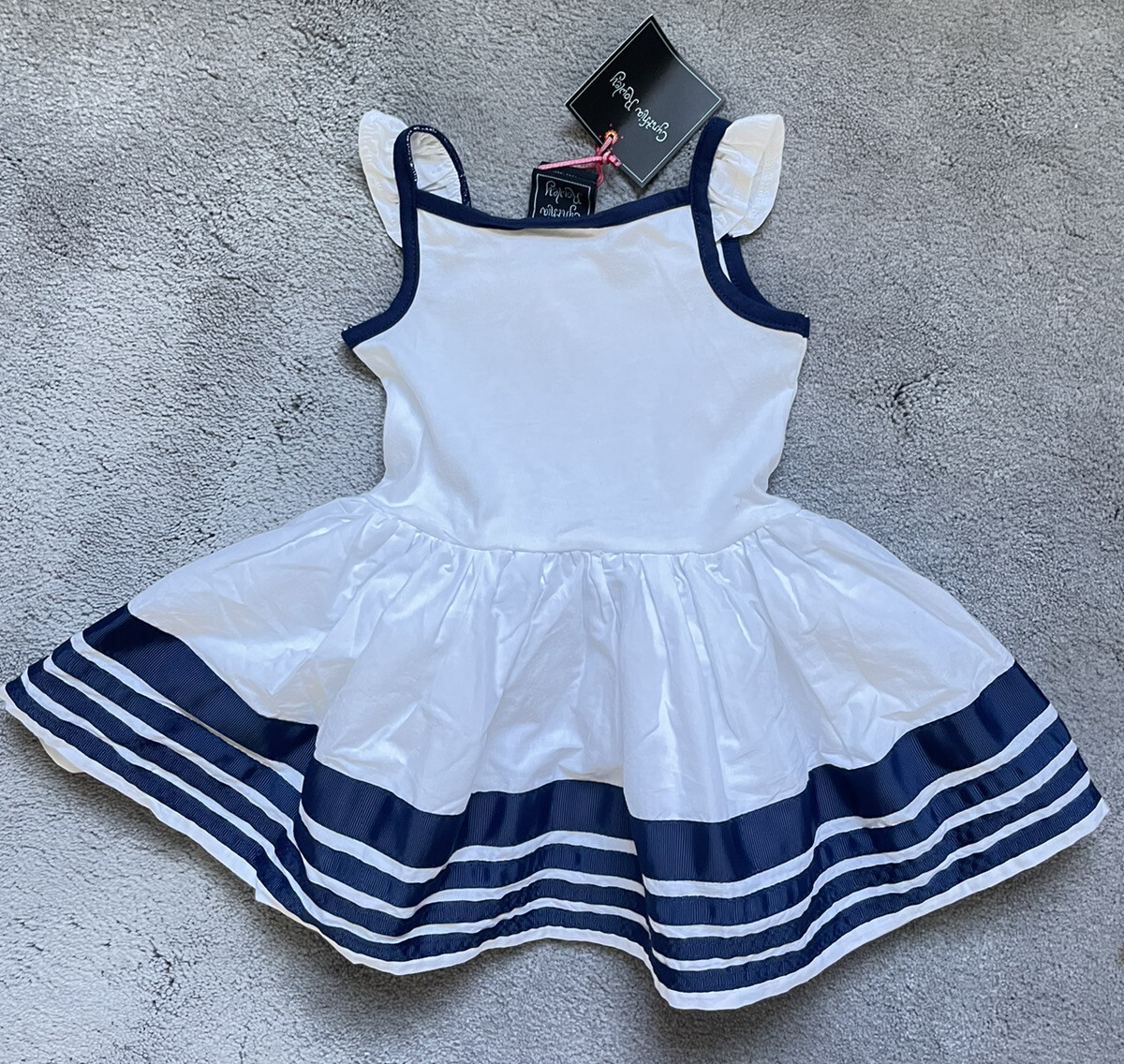 NEW- CYNTHIA ROWLEY Dress Girls Size 12 Months White Blue Lined Flowers  Summer